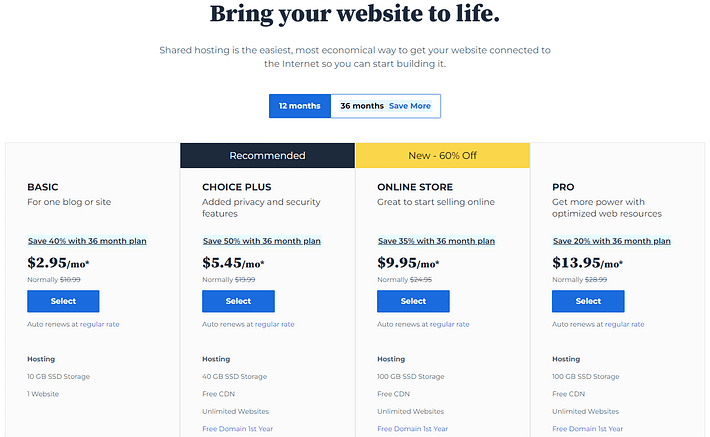 Bluehost has multiple shared hosting plans.