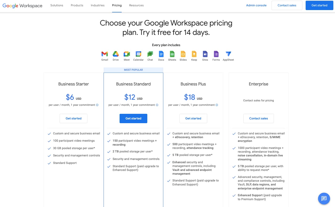 Google Workspace pricing plans range from $6 to $18 — there’s also an enterprise option.