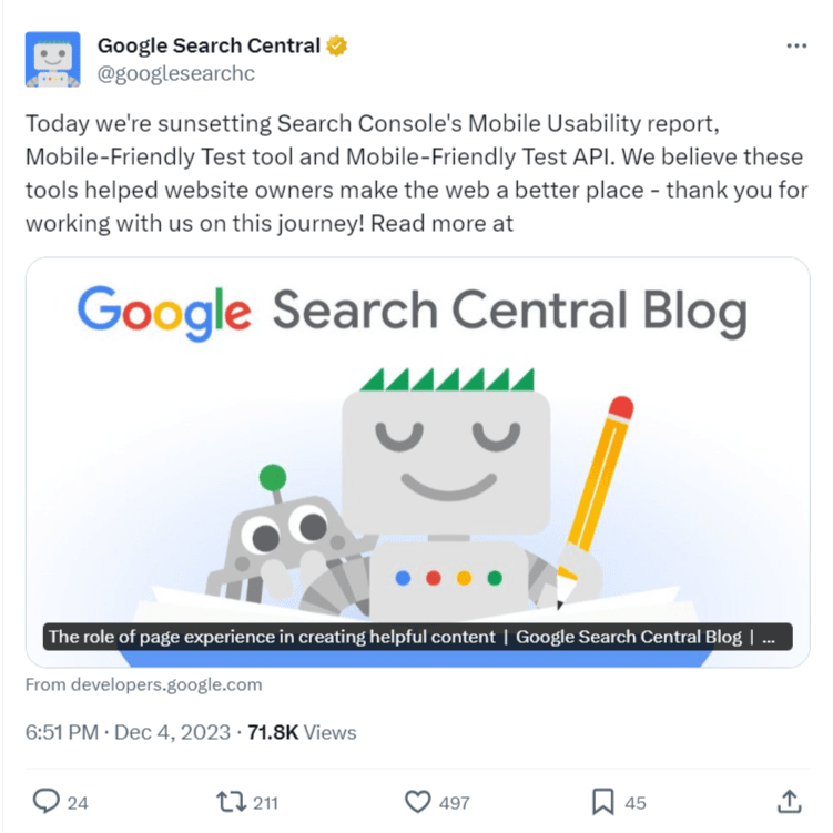 Google’s tweet on X about discontinuation of various mobile-friendly test tools.