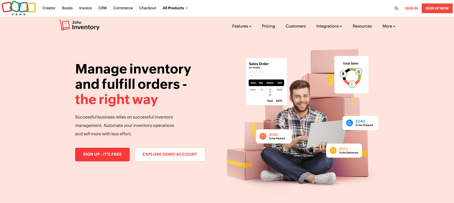 Screenshot of Zoho Inventory’s homepage.