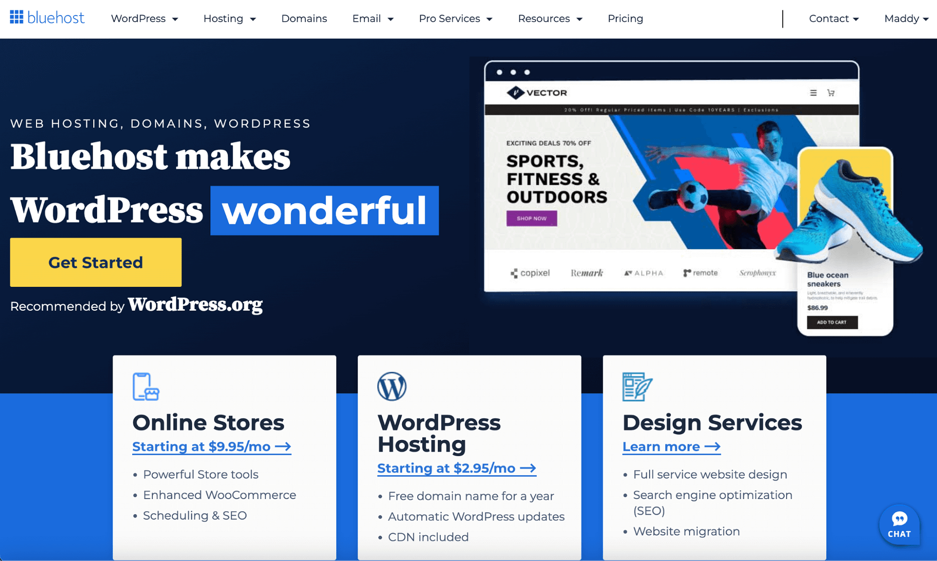 Bluehost works with WordPress to offer user-friendly, dynamic web pages.