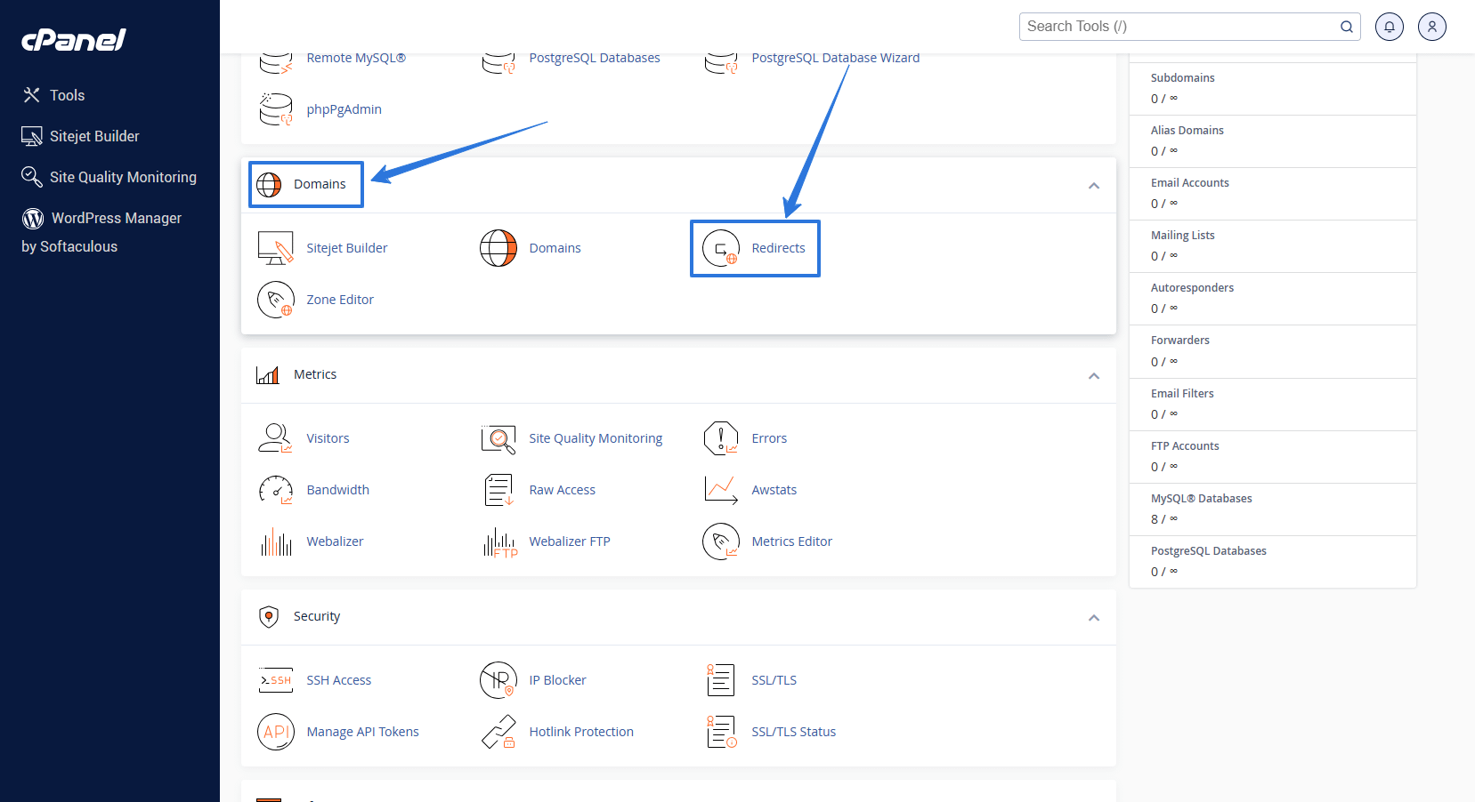 Select the Redirects page in the Domains section in cPanel.