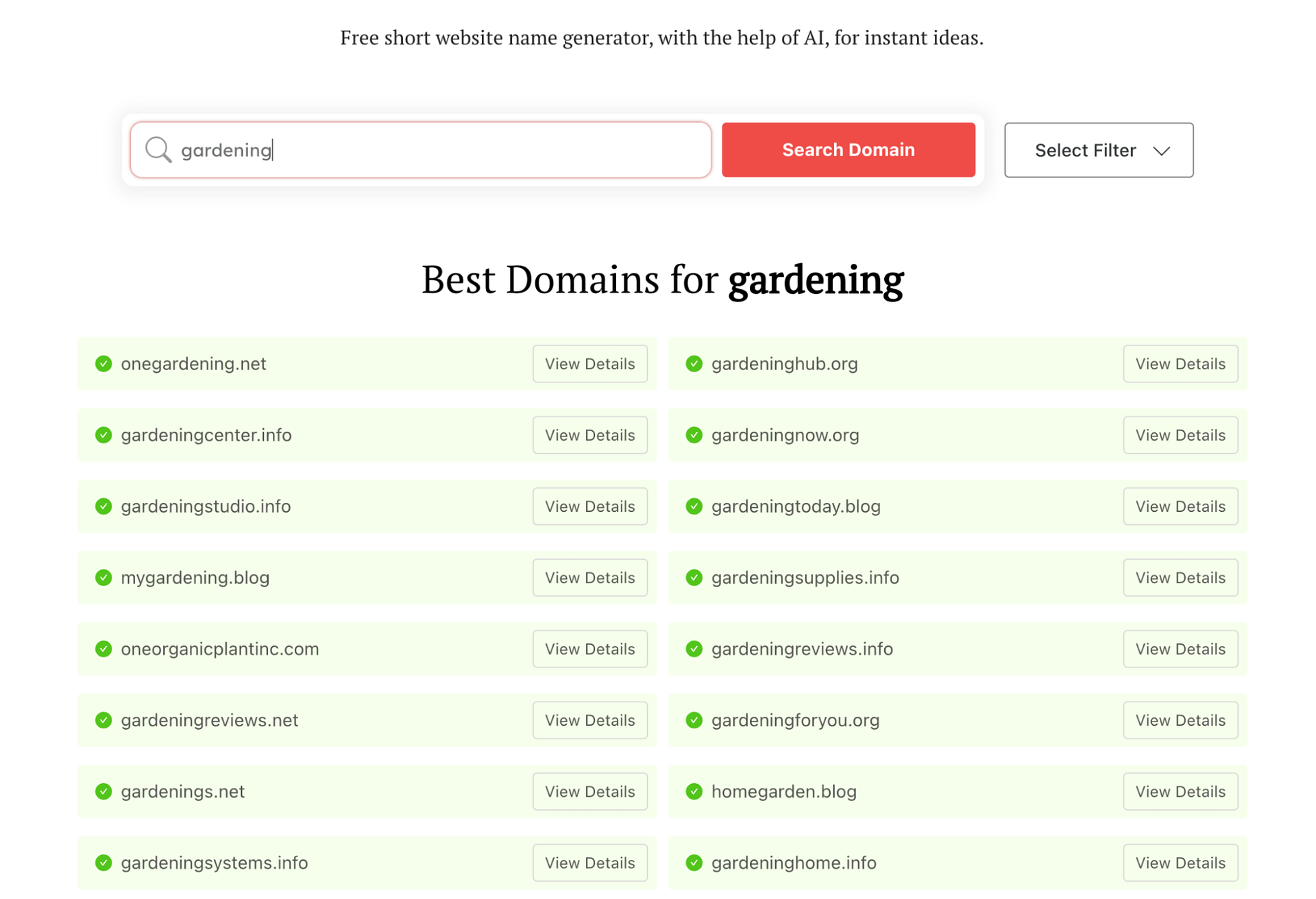 A screenshot of domainwheel.com with the search “gardening.”